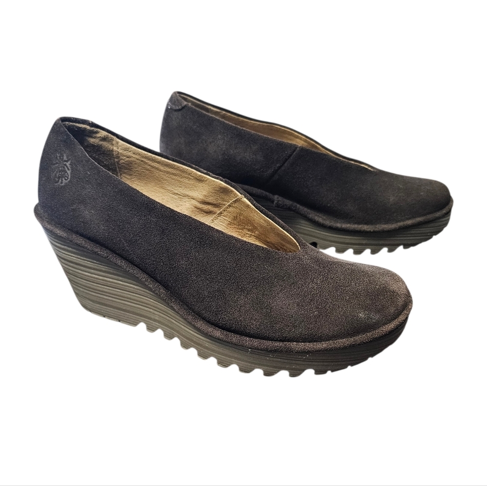 FLY LONDON Yaz Ranch Brown Suede Slip On Wedge Platform Shoe 39